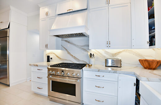 White Kitchen with stainless 6 burner range Johanna G Seldes Designer