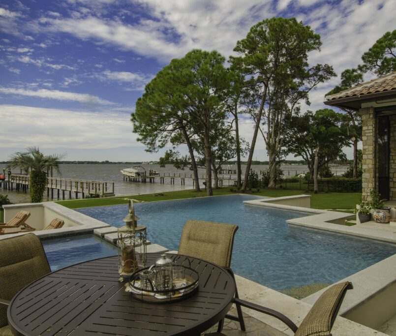 luxurious backyard with a pool and outdoor seating